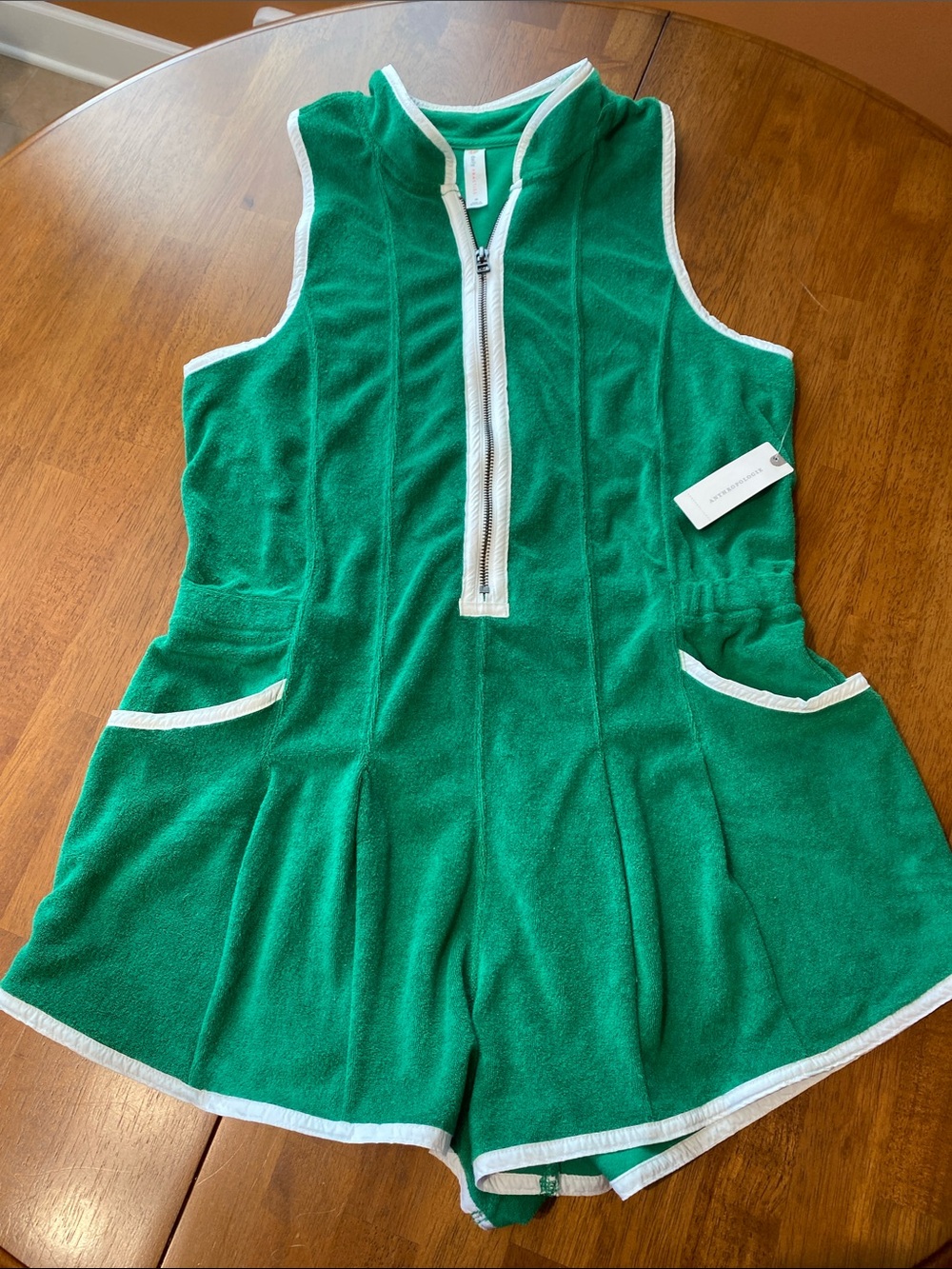 Anthropologie Sleeveless Kelly Green White Half ZipTerry Knit Romper Medium NWT